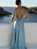 Bonnyshow  Elegant Split Women' s Dresses Solid Square Collar Backless Sleeveless Long Dress Female Summer Fashion Party Evening Vestidos