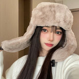 Bonnyshow Fluffy Fur Ear Protection Hat for Women Winter Anti-cold Russian Bomber Hats Outdoor Warm Thicken Plush Lady Lei Feng Caps