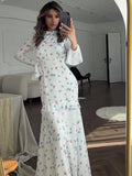 Bonnyshow  Ruffle Printed Long Sleeve Long Dress Women's Elegant Contrast Color Slim Fit Lace Waist Casual Summer Fashion Long Dress