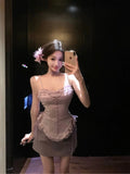 Bonnyshow  Lolita Girl Suit Women Clothes Purple Lace Y2k Slim Skirt Set Sleeveless Sexy Tank Top Bows Mini Skirt 2 Piece Outfits