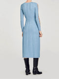 Bonnyshow  Elegant Blue Long Sleeves With Metal Eyelets Knitted Midi Dress Round Neck Slim Flared Hem Dress Ladies Chic High Street Robe