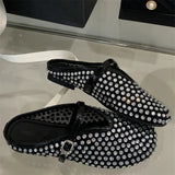 Bonnyshow  Fashion Design Crystal Rhinestone Round Toe Buckle Strap Mules Slippers Women Elegant Low Heels Casual Party Dress Shoes
