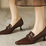 Bonnyshow  French Retro Temperament Low-heeled Shoes Women's Spring New Leather Pointed High Heels Small Leather Shoes Large Size 43