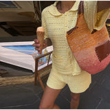 Bonnyshow  Casual Knitted Shorts Sets 2 Pieces Women Lapel Half Sleeve Single Breasted Shirts Hollow Out Short Pant 2025 Summer Beach Suits