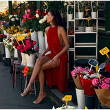 Bonnyshow  Women Red Sleeveless O-neck Fold Backless Dresses Sexy Vacation Ladies Show Waist Mid-calf Evening Dress 2025 Summer Fashion New