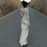 Bonnyshow Autumn Winter Maxi Dress for Women Fashion Ruched Slim Evening Party Dresses Elegant White Sexy Long Sleeve Club Outfits