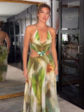 Bonnyshow  Printed Hollow Women's Long Dress Sexy Halter Lace Up Sleevesles Backless Bodycon Dressess Female 2025 Summer Lady Beach Robes