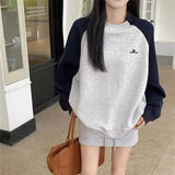 Bonnyshow  Raglan Sleeve Hoodie Fashion O-Neck Solid Color Loose Korean T-Shirt Female Clothing Autumn New Casual Tops All-Match Tee Shirt