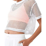 Bonnyshow Fashion Women' Oversized T-shirt Solid Black White Fishnet Crop Top Sexy See Through Summer Woman Clothing Tees T Shirts