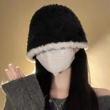 Bonnyshow Winter Plush Bucket Hat for Women Thicken Warm Faux Fur Fisherman Cap Korean Solid Color Wide-brim Female Basin Hats
