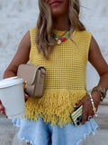 Bonnyshow  Trendy Yellow Fringe Patchwork Woman Vest Top Boho Chic Sleeveless Summer Knit Streetwear 2025 Fashion Hollow Out Casual Blouse