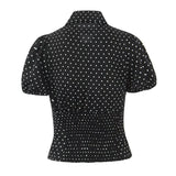 Bonnyshow  women's retro slim fit lapel with bubble sleeves and polka dot print waist cinching summer new shirt