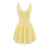 Bonnyshow  Hollow Out Embroidery Yellow Tank Dress Women V Neck Sleeveless A-line Mini Summer Dresses Holiday Party Robe