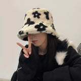 Bonnyshow Korean Flower Plush Bucket Hat for Women Winter Warm Faux Fur Fishermen Cap Solid Color Floral Female Basin Hats