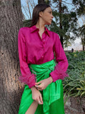 Bonnyshow Feather Cuffs Elegant Women Feather Shirts Rose Pink Oversized Blouses And Tops Splicing Spring Satin Office Ladies