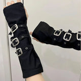 Bonnyshow Dark Metal Button Cuffs Gothic Half Open Finger Wristband Gloves Strap Arm Warmer Punk Y2k Sun Protection Sleeve Halloween