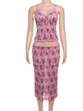 Bonnyshow  See Through Print Folds 2-Piece Set Women Backless Sleeveless Suspenders+Elasticated Waist Skirts Holiday Matching Suit