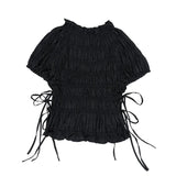 Bonnyshow  Pleated Women's T-shirt Chic Lace Up Round-neck Short Sleeve Female Crop Tops Summer Lady Streetwear Outerwear Street Tops