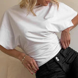 Bonnyshow  Solid Cotton O-Neck Pullover Waist Short Top Women Short-Sleeved Loose T-shirt Causal All-Match Shirts Summer Basic New