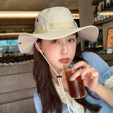 Bonnyshow Summer Hiking Sun Hat for Women Men Outdoor Camping Fishing Anti-UV Bucket Hat Solid Color Panama Wide Brim Fisherman Cap