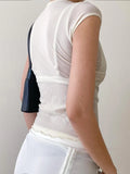 Bonnyshow  V-neck Lace Patchwork Transparent Tees White Summer Mesh Sexy Bandage Chic T-shirt Hottie Slim Solid Retro Tops