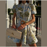 Bonnyshow  Printed Belt Women's Dressess O-neck Button Waist Cinching Short Sleeve Big Hem Mini Dress Summer Fashion Lady Club Vestidos