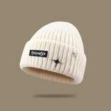 Bonnyshow Korean Letter Knit Beanie Cap Women Winter Thickened Warm Pullover Hat Solid Color Star Female Ski Woollen Caps