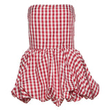 Bonnyshow  Print Red White Checkered Chest Wrap Pleated Fluffy Hem Sleeveless Backless Vacation Versatile Beach Party Trend Tops