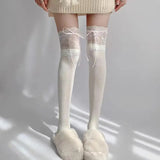 Bonnyshow White Lace Stockings Women Lolita Ribbon Bow Over Knee Socks Cute Sweet Thigh High Sock Girls Kawaii Calf Socks