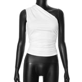 Bonnyshow Solid Color One Shoulder Backless Shrink Tank Top T-Shirt Candy Color Tight Sexy Sleeveless Neckless Slim Casaul Top