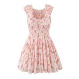 Bonnyshow  Sweet Women Pink Floral Print Mini Dress Sexy Off Shoulder Short Sleeve Elastic Waist Holiday Party Dress Summer Robe