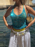 Bonnyshow  Women Sequin Halter Top Sexy Sleeveless Deep V Neck Glitter Tank Top Sparkle Backless Crop Top Summer Streetwear 2025