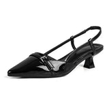 Bonnyshow  New Summer French Wine Red Pointed Patent Leather Mid-heel Overhead Sandals for Women Retro Skinny Heel Back Empty Shoes