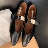 Bonnyshow  Women's Retro Pointed Toe Low-Heeled Casual Shoes 2025 Luxury Fashion Buckle Design Fine Plaid Leather Single Shoes