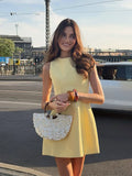 Bonnyshow  Sleeveless O Neck A-line Casual Mini Dresses Women Chic Yellow High Waist Short Robe 2025 Summer Lady Daily Evening Party Gown