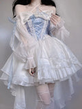 Bonnyshow French Romantic Style Lolita Op Elegant Girl Cosplay Princess Puff Sleeve Ribbon Bowknot Flower Tunic Mesh Fantastic Fairy Dress