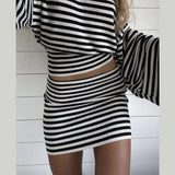 Bonnyshow  Casual Stripe Loose Shirt Skirt Suit Women Long Flare Sleeve O-neck Shirt High Waist Short Skirts 2025 Summer Autumn Suit Lady