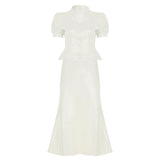 Bonnyshow  Women Elegant Skirt Suit White V-neck Puff Sleeve T-shirt and Long Skirt Casual Two Piece Set High Street Office Wear