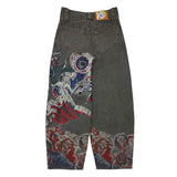 Bonnyshow Hip Hop Rock Embroidery New Y2k Jeans Pattern Printed Loose Trousers for Men and Women Retro Harajuku Goth Ripped Wide Leg Pants