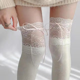 Bonnyshow White Lace Stockings Women Lolita Ribbon Bow Over Knee Socks Cute Sweet Thigh High Sock Girls Kawaii Calf Socks