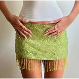 Bonnyshow  Sexy Sequin Tassel Women's Skirts Solid High Waist Patchwork All Match Female Skirt 2025 Summer New Lady Party Club Streetwears