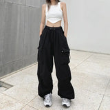 Bonnyshow Women Casual Tech Pants Drawstring Black Low Waist Wide Leg Trousers Oversized Sweatpant Baggy Joggers Y2k Streetwear Cargo Pant