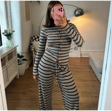 Bonnyshow  Casual Striped Cardigan Long Pant Woman's Set Fashion Loose O-neck Full Sleeve Tops Drawstring Pants Sets Lady Chic Home Outfits