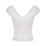 Bonnyshow  Fashion Trendy Solid Simple Causal Women T-Shirts Short Sleeves Slim Fit Lace Spliced Sweet All-Match Blouses