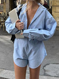 Bonnyshow  Chic Blue Loose Shirt Jumpsuit Long Sleeve Turn Down Collar Button Up Shorts Playsuits Streetwear Casual Harajuku Suits