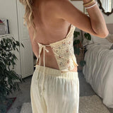 Bonnyshow  Y2K Backless Strappy Tie-up Halter Camis Floral V Neck Bustier Crop Tops Fairy Coquette Ruffle Trim Sleeveless Vest