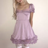 Bonnyshow Kawaii Ruffles Satin Mini Dress Elegant Lady Square Collar Puff Sleeve Dress Y2K Fairycore Vintage Clothes Sweet Girl Club Party