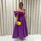 Bonnyshow Elegant Purple Ankle Length Satin Evening Dresses With Appliques Details African A-line Formal Party Dress