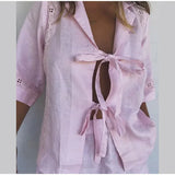 Bonnyshow  Summer Holiday 2 Piece Set Women Loose Patchwork Shorts Solid Hollow Out Bandage Shirt Sets Fashion Lady 2025 Elastic Waist Suit