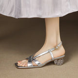 Bonnyshow  Beige Heeled Sandals 2025 Summer Large Size Square Toe Buckle Strap Retro Woman Shoes Med Black Fashion Big Rhinestone Original